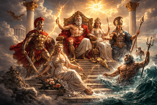 Roman gods gathered in a grand celestial scene with Jupiter, Juno, Mars, Venus, and Neptune in classical Roman style.