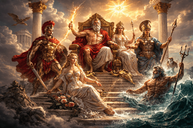 Roman gods gathered in a grand celestial scene with Jupiter, Juno, Mars, Venus, and Neptune in classical Roman style.