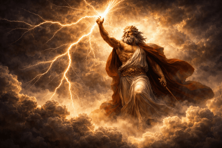 Jupiter commanding lightning in the sky, representing his immense power in Roman mythology.