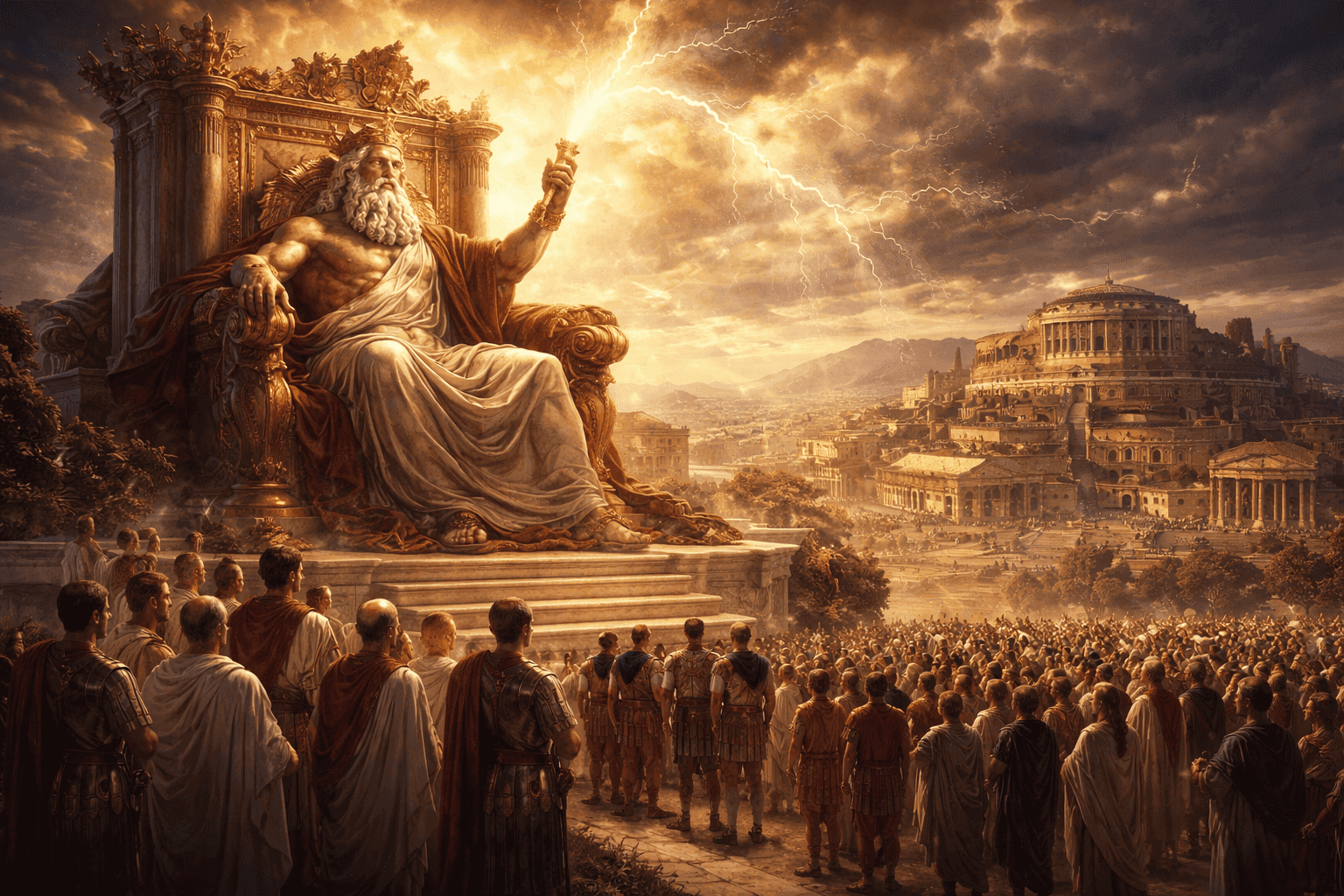 Jupiter seated above Rome holding a thunderbolt as citizens and leaders gather below, symbolizing his role as the source of divine authority in Roman society
