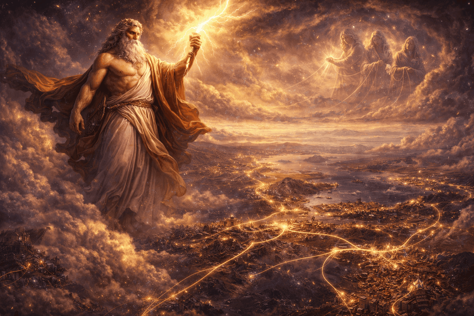 Jupiter standing above the world with lightning as glowing threads of fate connect people and events below, symbolizing his influence over destiny