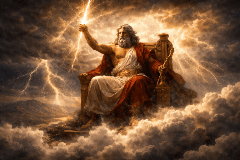 Jupiter controlling thunder and lightning in the sky, representing his role as Roman god of the heavens and authority.