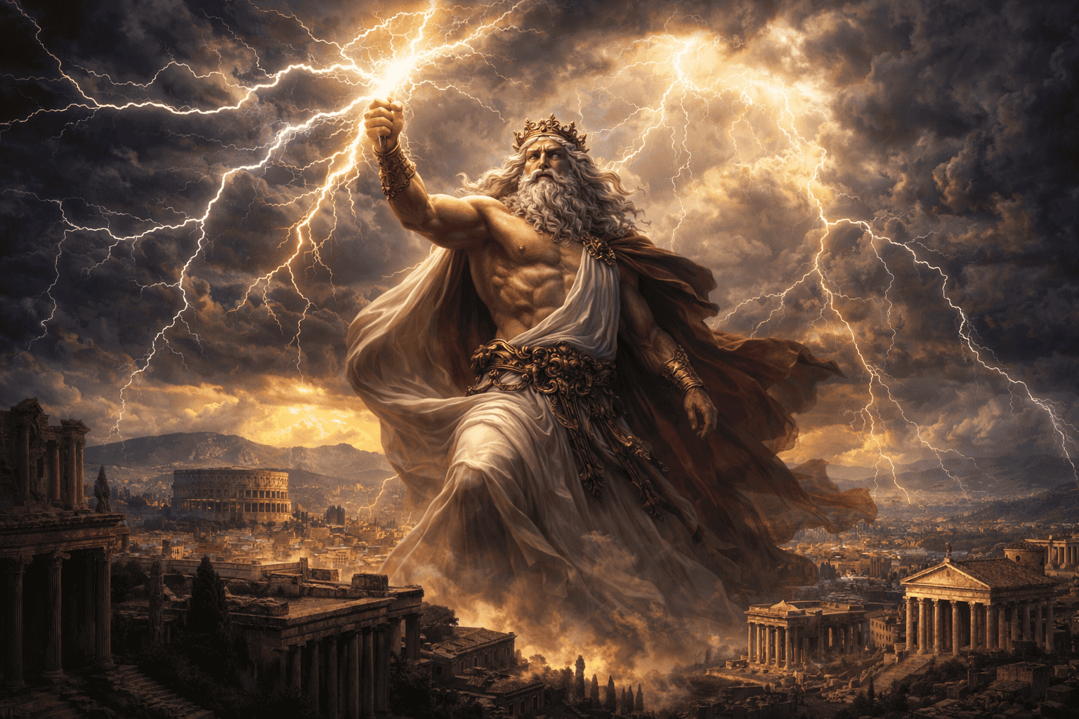 Jupiter towering above ancient Rome with a thunderbolt as lightning fills the stormy sky, symbolizing his power as god of the sky and thunder