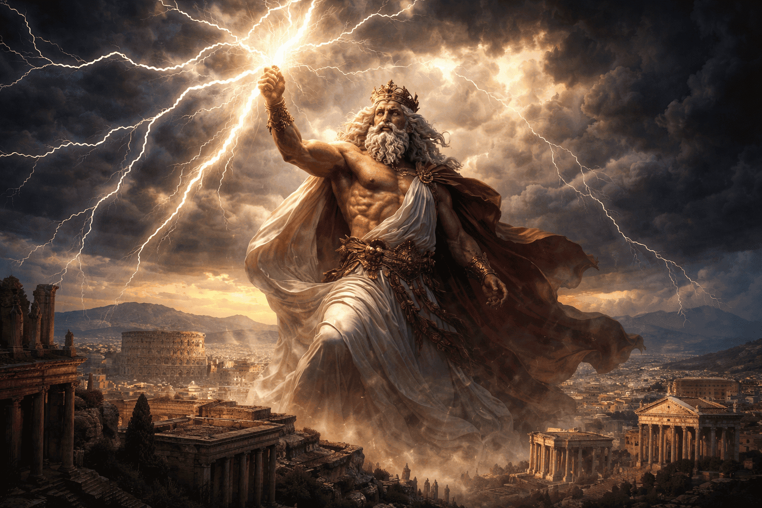 Jupiter standing above ancient Rome holding a thunderbolt with lightning in a stormy sky, symbolizing his power as king of the Roman gods