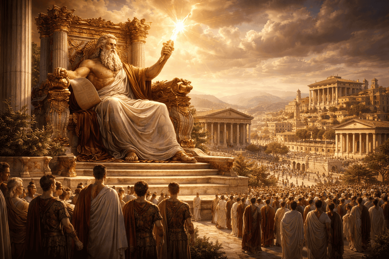 Jupiter seated with a thunderbolt and scroll overlooking a Roman forum, symbolizing his role as god of law and justice