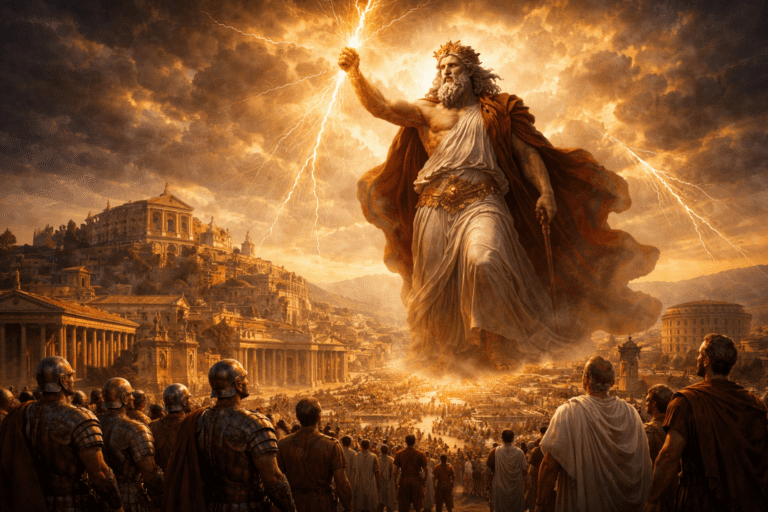 Jupiter overlooking Rome with thunderbolt, symbolizing his importance as protector and supreme god.