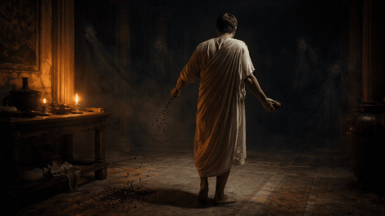 Roman ritual warding off Lemures with shadowy spirits in a dark ancient home at night.