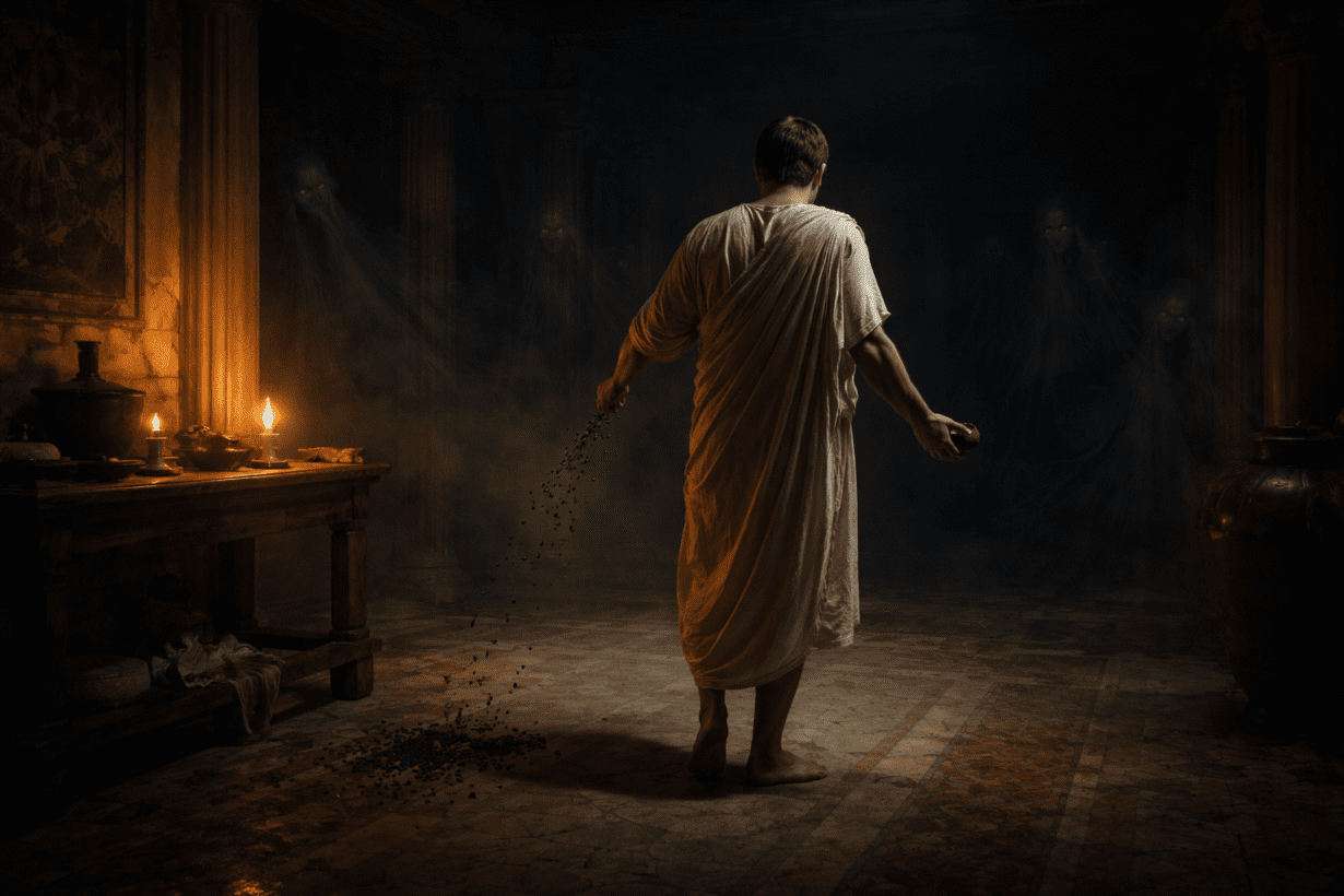 Roman ritual warding off Lemures with shadowy spirits in a dark ancient home at night.