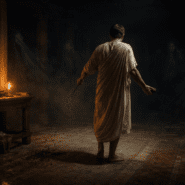 Roman ritual warding off Lemures with shadowy spirits in a dark ancient home at night.