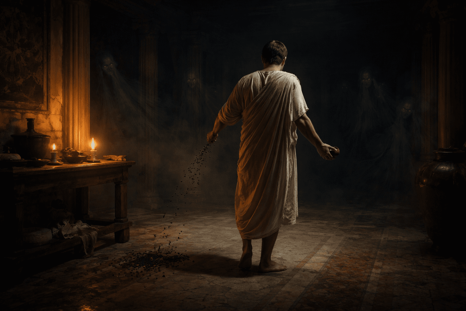 Roman ritual warding off Lemures with shadowy spirits in a dark ancient home at night.