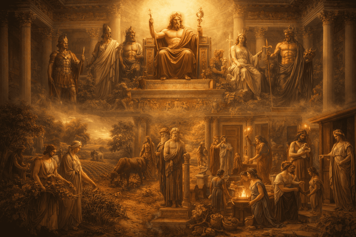 Visual contrast of major and minor Roman gods with Jupiter above and smaller deities governing daily life below.