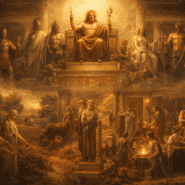 Visual contrast of major and minor Roman gods with Jupiter above and smaller deities governing daily life below.