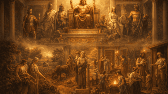 Visual contrast of major and minor Roman gods with Jupiter above and smaller deities governing daily life below.