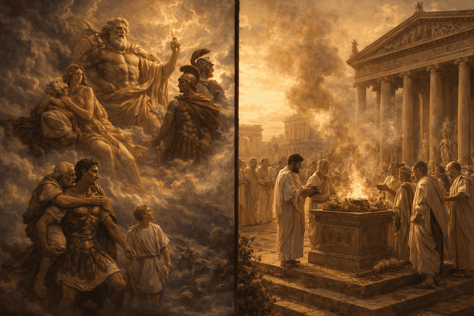 Split scene showing Roman gods in a mythic setting and priests performing a ritual, illustrating the difference between Roman mythology and Roman religion