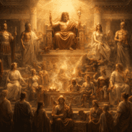 Hierarchical depiction of the Roman pantheon with Jupiter above and other gods arranged below in structured order.