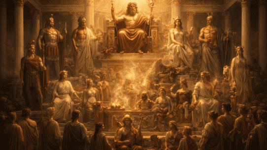 Hierarchical depiction of the Roman pantheon with Jupiter above and other gods arranged below in structured order.