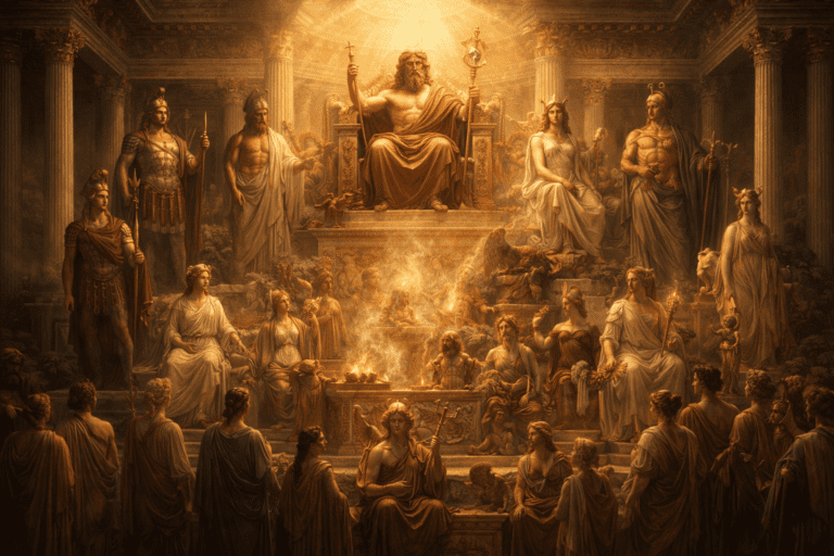 Hierarchical depiction of the Roman pantheon with Jupiter above and other gods arranged below in structured order.