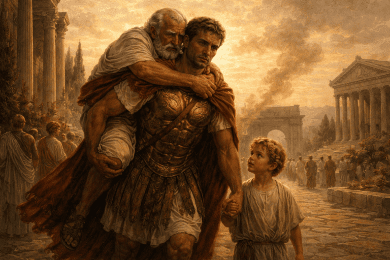 Roman figure carrying his father and guiding a child, symbolizing pietas and duty in Roman culture