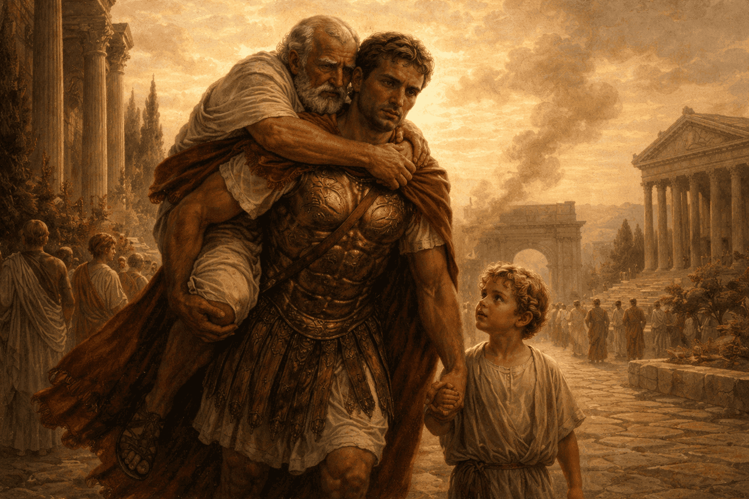 Roman figure carrying his father and guiding a child, symbolizing pietas and duty in Roman culture