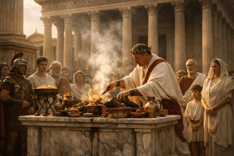 Roman priest performing a public ritual at a marble altar before a temple, illustrating Roman religion, ceremony, and sacred practice