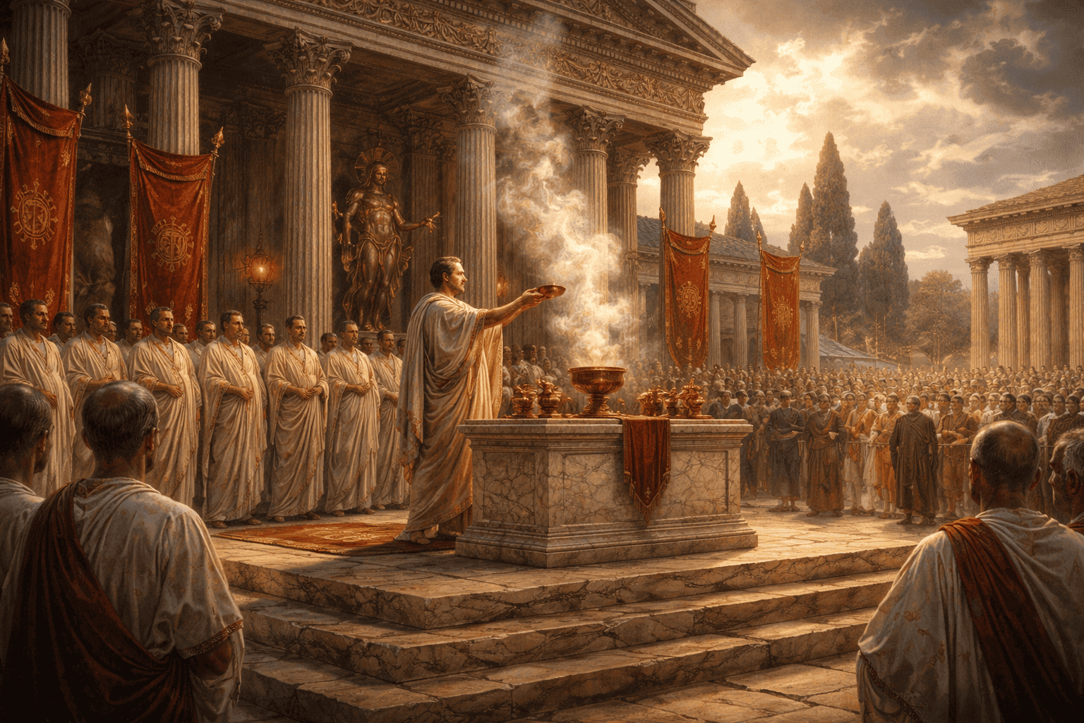 Roman magistrate performing a ritual at a temple with senators and citizens present, illustrating the connection between religion and state in ancient Rome
