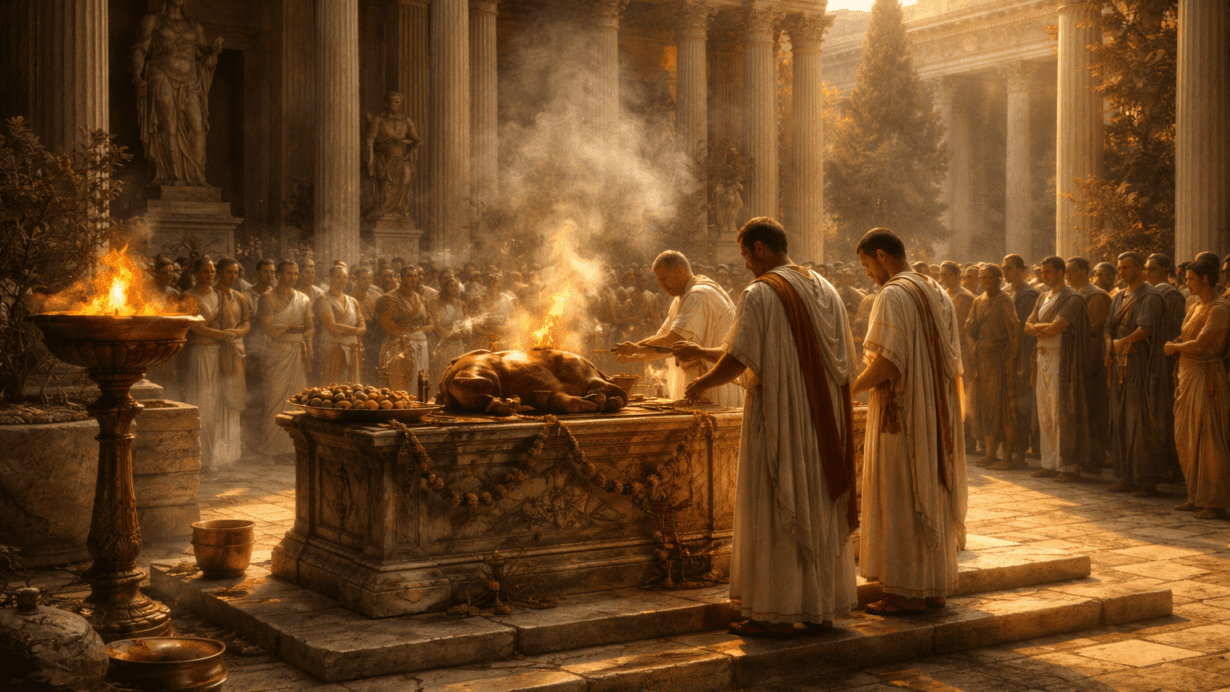 Roman priests performing a ritual sacrifice in a temple courtyard, illustrating the practice-based nature of Roman religion.