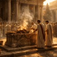 Roman priests performing a ritual sacrifice in a temple courtyard, illustrating the practice-based nature of Roman religion.