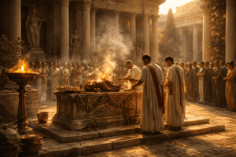 Roman priests performing a ritual sacrifice in a temple courtyard, illustrating the practice-based nature of Roman religion.