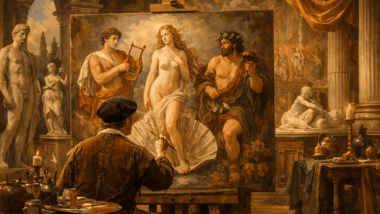 Renaissance painter creating a mythological scene of Venus, Apollo, and Bacchus in a classical studio with marble statues and frescoed palace walls.
