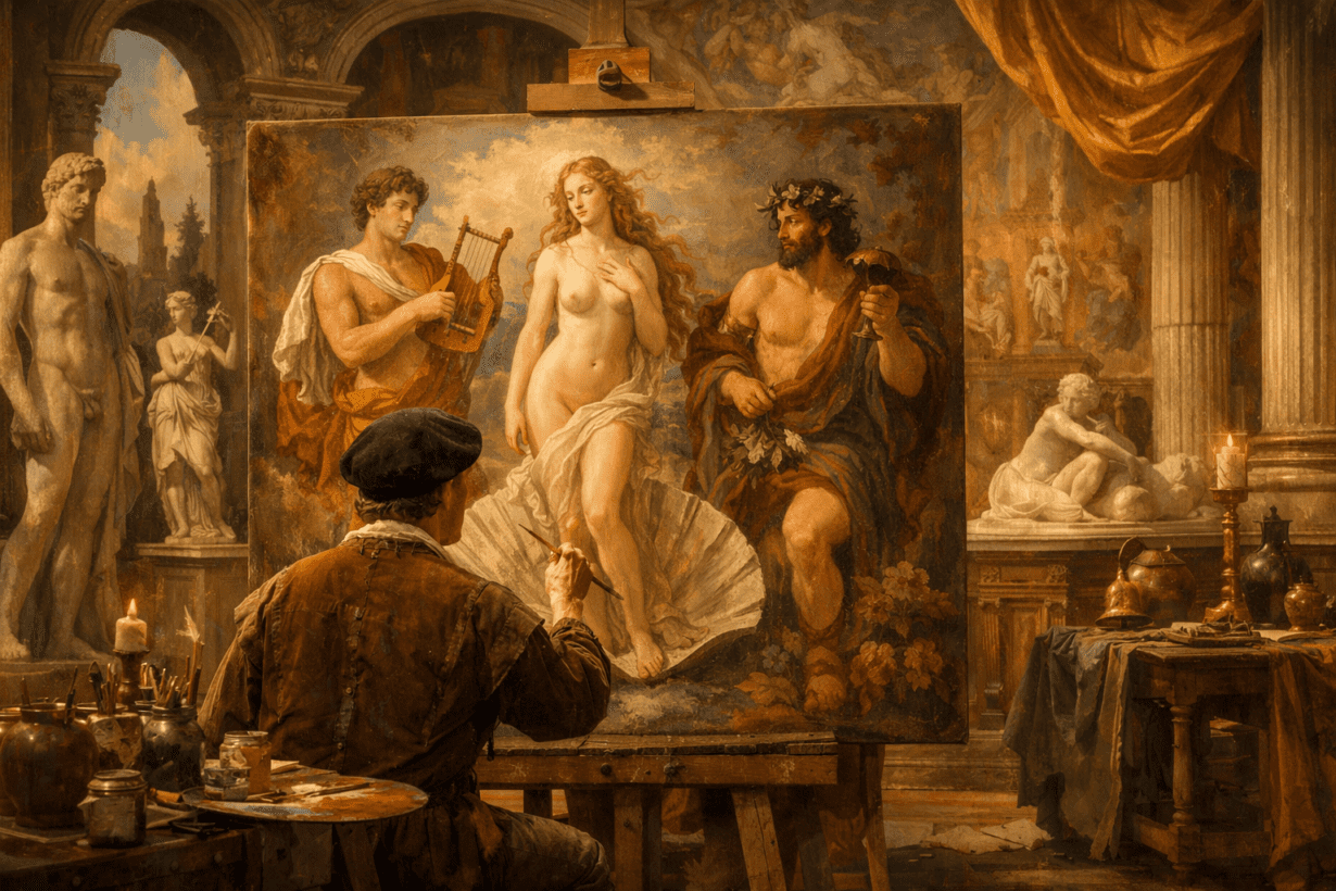 Renaissance painter creating a mythological scene of Venus, Apollo, and Bacchus in a classical studio with marble statues and frescoed palace walls.