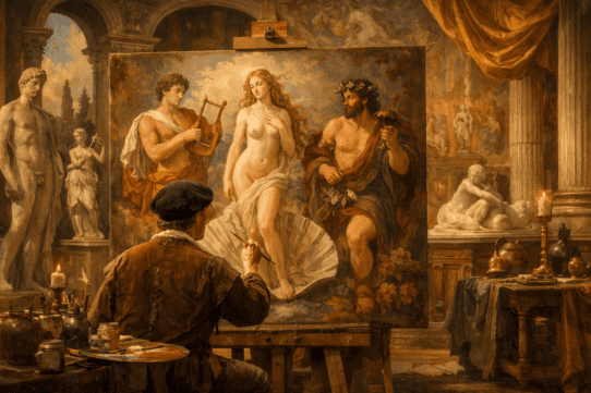 Renaissance painter creating a mythological scene of Venus, Apollo, and Bacchus in a classical studio with marble statues and frescoed palace walls.