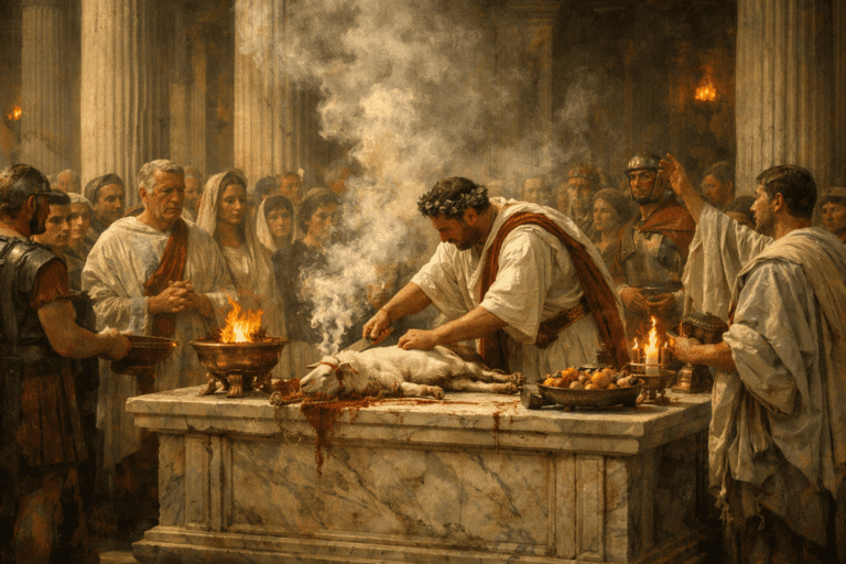 Roman priest performing a ritual sacrifice at a temple altar with citizens gathered, illustrating Roman religious practices and ceremonies