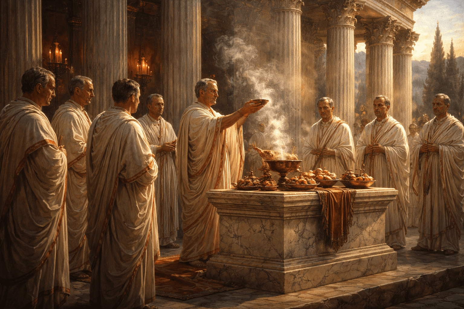 Roman priests in traditional togas conducting a ritual ceremony at a marble altar, illustrating the role of priests in Roman religion