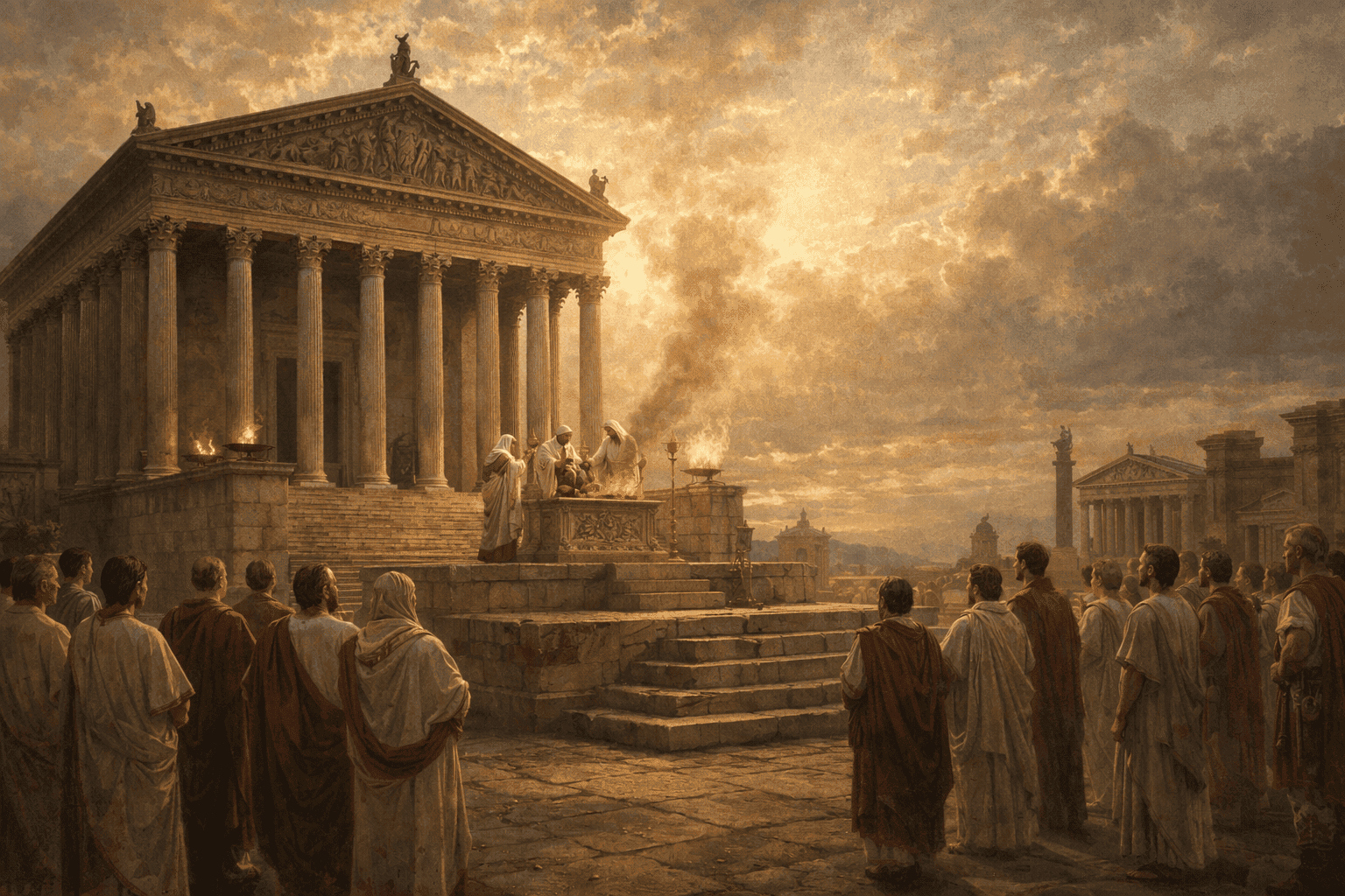 Grand Roman temple with altar and priests performing ritual, illustrating sacred spaces and religious architecture in ancient Rome