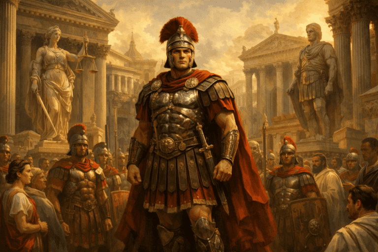 Roman leader standing in a forum surrounded by citizens and soldiers, symbolizing Roman virtues such as duty, discipline, and honor