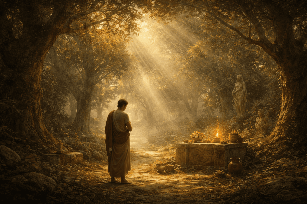 Sacred Roman grove with subtle divine presence representing the concept of numen in Roman belief.