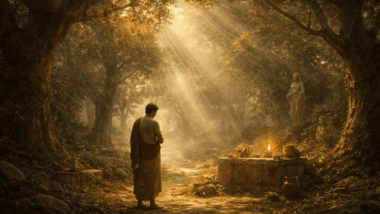 Sacred Roman grove with subtle divine presence representing the concept of numen in Roman belief.