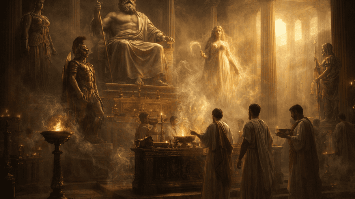 Roman temple scene with gods and priests illustrating the structure of Roman mythology and religious practice.