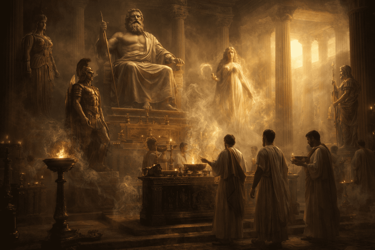 Roman temple scene with gods and priests illustrating the structure of Roman mythology and religious practice.