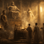 Roman temple scene with gods and priests illustrating the structure of Roman mythology and religious practice.