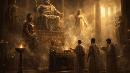 Roman temple scene with gods and priests illustrating the structure of Roman mythology and religious practice.