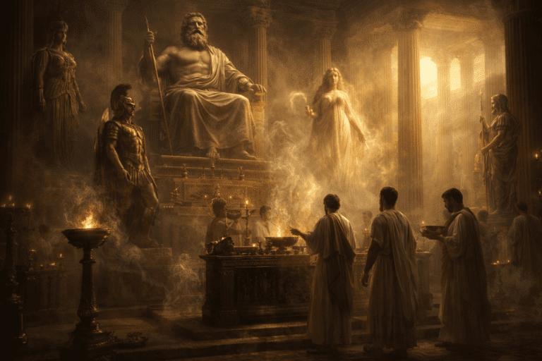 Roman temple scene with gods and priests illustrating the structure of Roman mythology and religious practice.