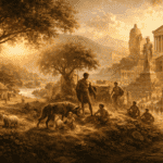 Layered scene showing early Italic beliefs, the founding of Rome, and imperial Roman temples, illustrating the timeline of Roman mythology