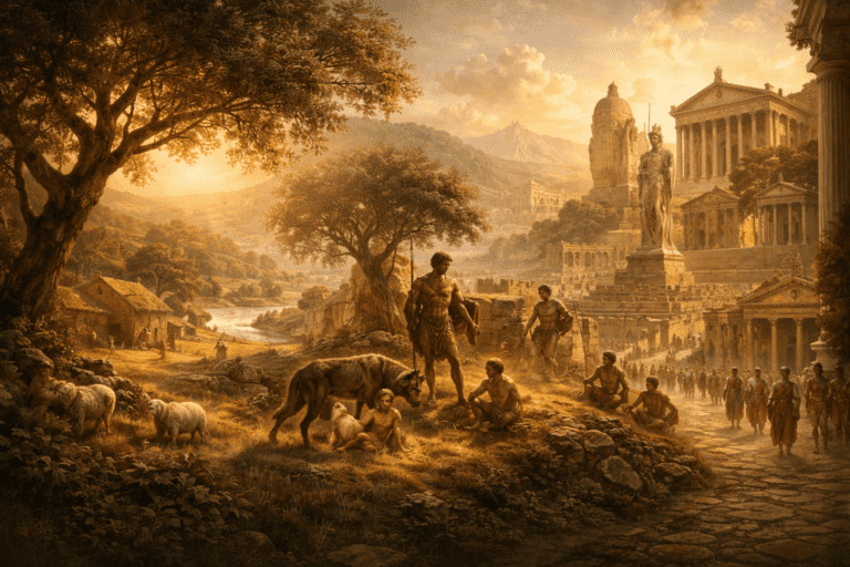 Layered scene showing early Italic beliefs, the founding of Rome, and imperial Roman temples, illustrating the timeline of Roman mythology