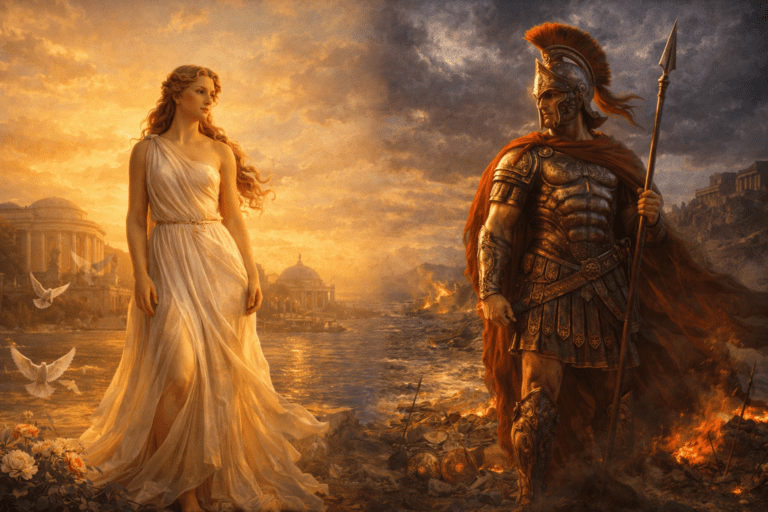 Venus and Mars standing together representing love and war in Roman mythology.