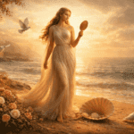Venus surrounded by doves, roses, a mirror, and a seashell representing her symbols in Roman mythology.