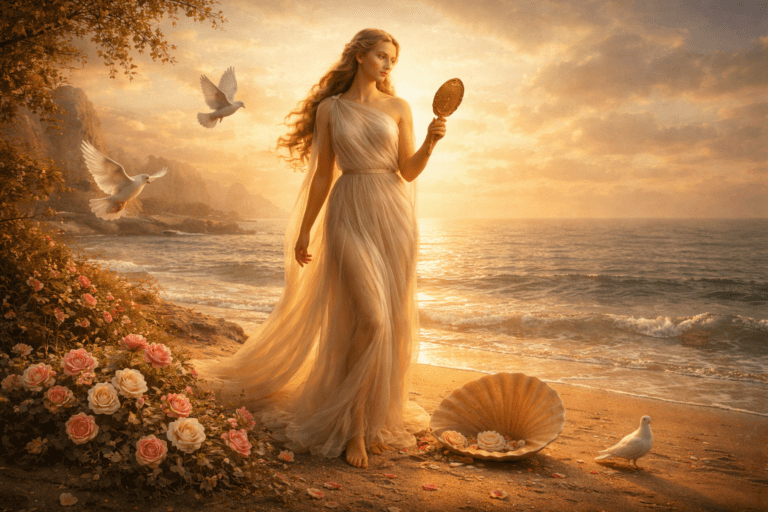 Venus surrounded by doves, roses, a mirror, and a seashell representing her symbols in Roman mythology.