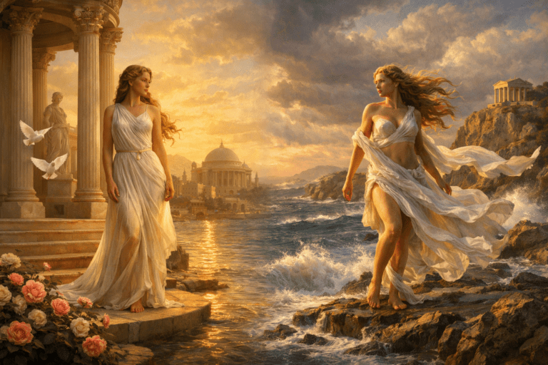 Split scene of Venus and Aphrodite showing differences between Roman and Greek goddesses of love.