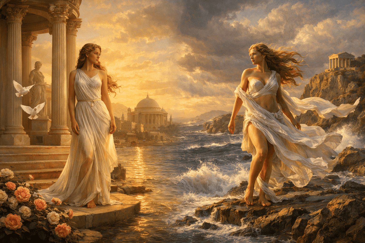 Split scene of Venus and Aphrodite showing differences between Roman and Greek goddesses of love.