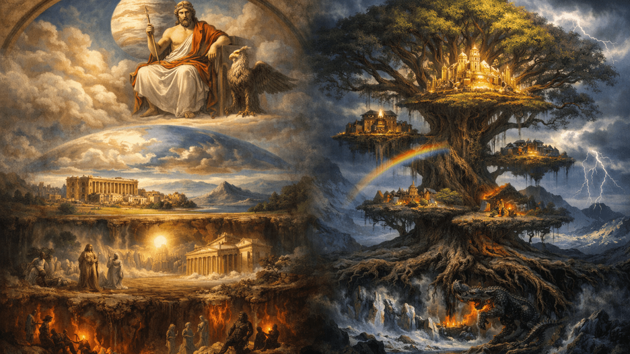 Illustration comparing Roman and Norse cosmology with Jupiter above the Roman world and underworld on one side and the Norse World Tree Yggdrasil connecting the nine realms beneath a stormy sky.